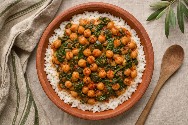 Pois chiches aux épinards et riz, recette GustoPlan