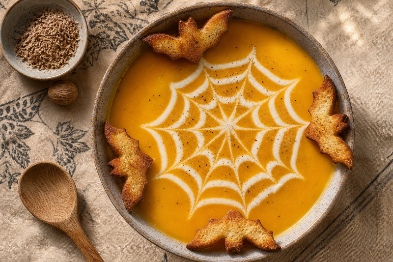 Soupe de potiron toile d'araignée et croûtons chauves-souris, recette GustoPlan