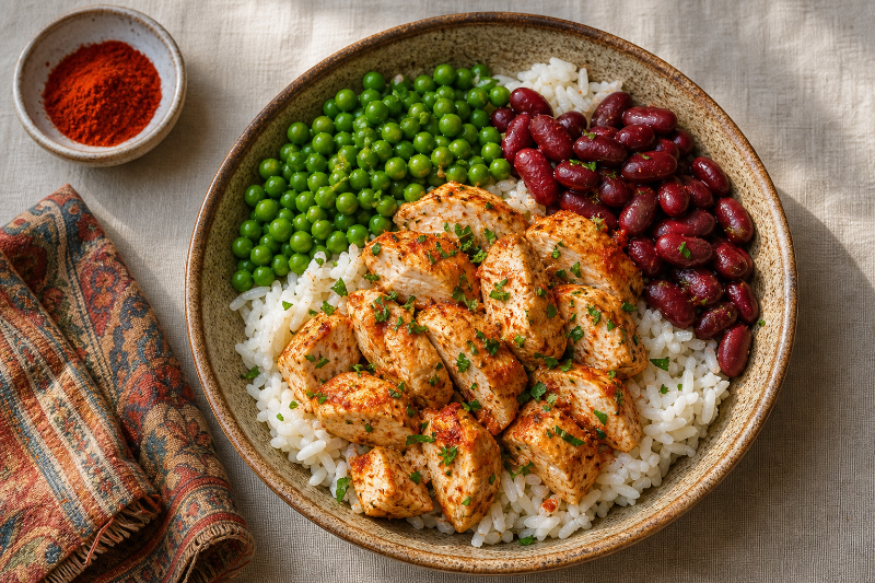 Bowl poulet, petits pois et haricots, recette GustoPlan
