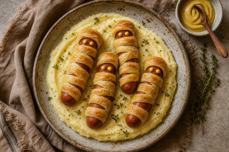 Saucisses momies feuilletées et purée, recette GustoPlan