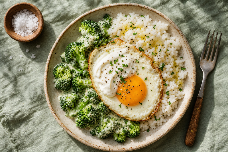 Fried Egg, Rice and Creamy Broccoli