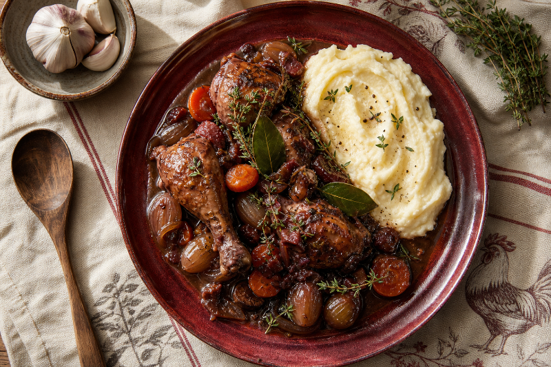 Coq au vin with mashed potatoes