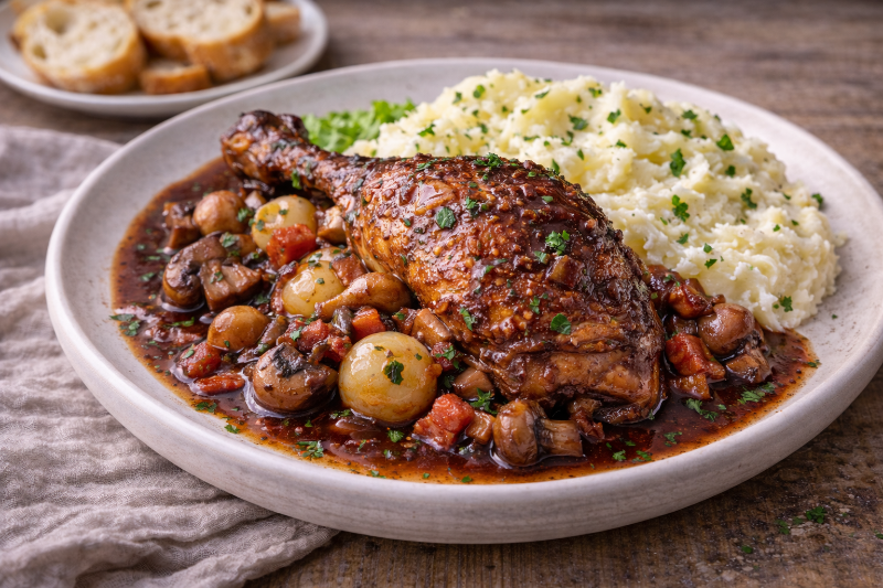 Coq au vin et purée de pommes de terre