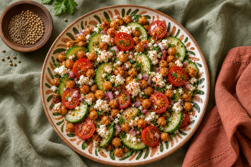 Salade tiède de pois chiches rôtis, feta, tomates et concombre