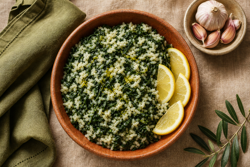 Spanakorizo : riz aux épinards à la grecque, recette GustoPlan
