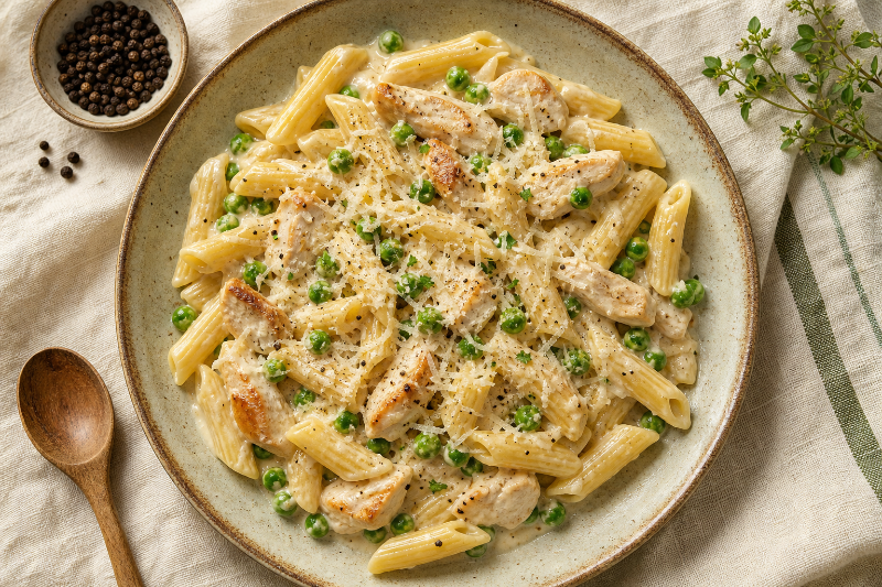 Penne au poulet, crème et petits pois — recette GustoPlan