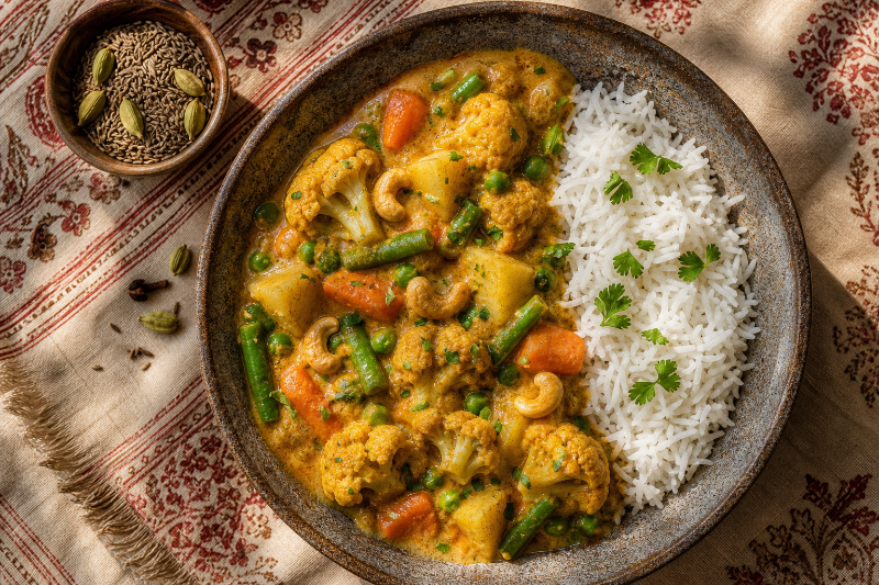 Vegetable korma with basmati rice, GustoPlan recipe