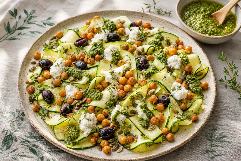 Zucchini Salad with Fresh Goat Cheese and Pesto