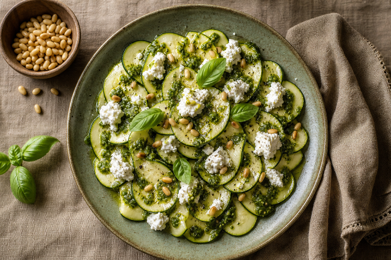 Zucchini Salad with Fresh Goat Cheese and Pesto — recette GustoPlan
