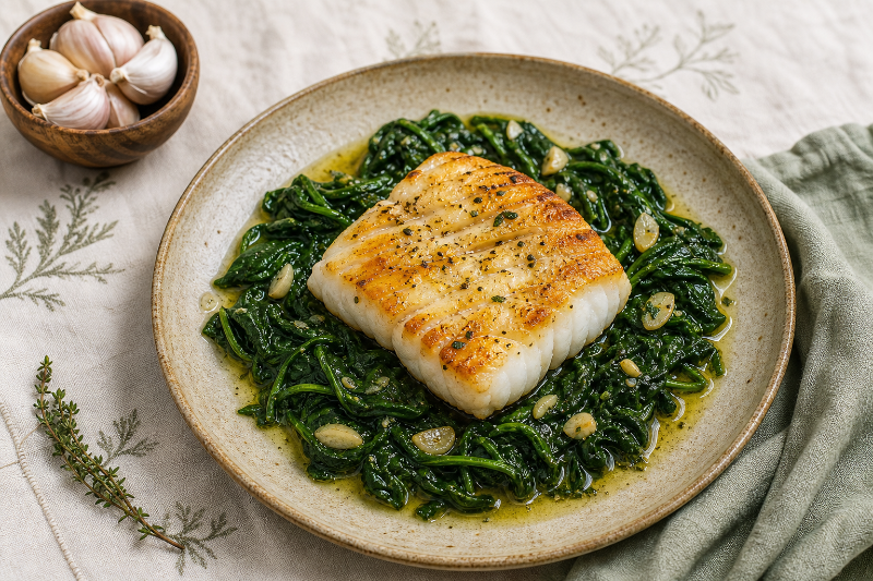 Cabillaud poêlé, épinards et ail, recette GustoPlan