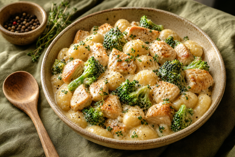 Poêlée crémeuse de poulet, brocoli et gnocchis