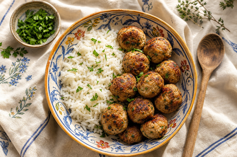 Boulettes de poulet et riz blanc, recette GustoPlan