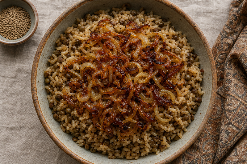 Mujadara: lentils, rice and caramelised onions