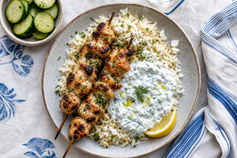 Chicken Souvlaki with Tzatziki & Rice