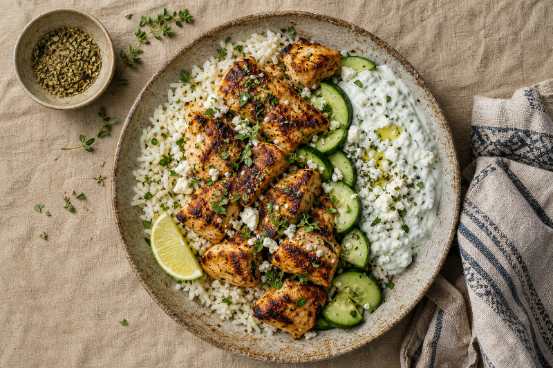 Chicken Souvlaki with Tzatziki & Rice — GustoPlan recipe