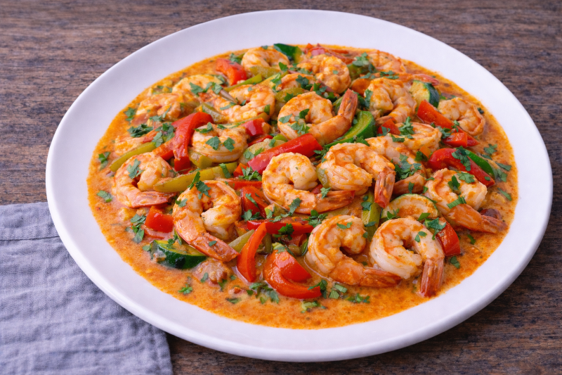 Crevettes au Curry Thaï au Lait de Coco et Poivron Rouge