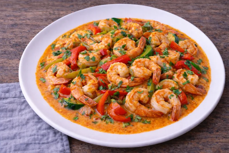 Crevettes au Curry Thaï au Lait de Coco et Poivron Rouge