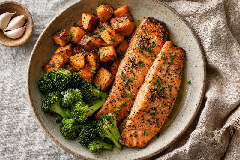 Saumon rôti, patate douce et brocoli — recette GustoPlan