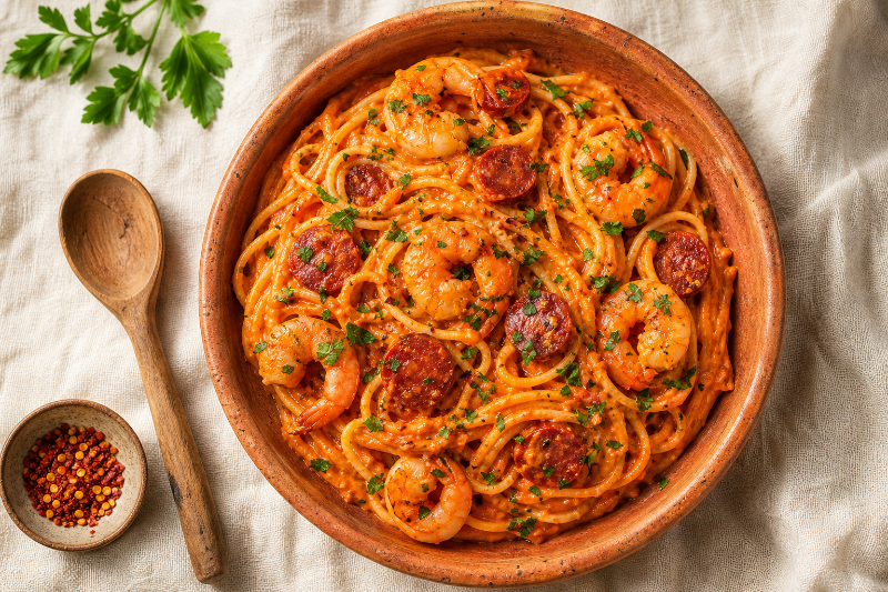 Spaghetti with Bell Pepper Cream, Chorizo, and Shrimp
