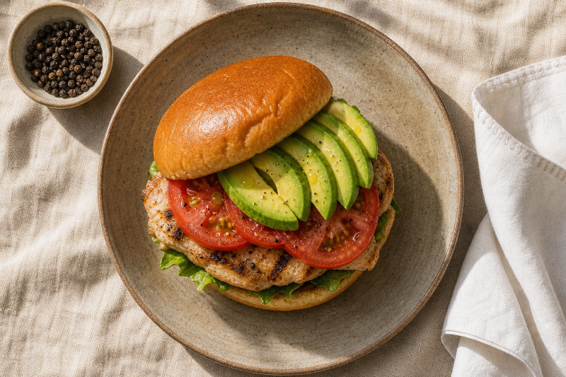 Burger poulet avocat, recette GustoPlan