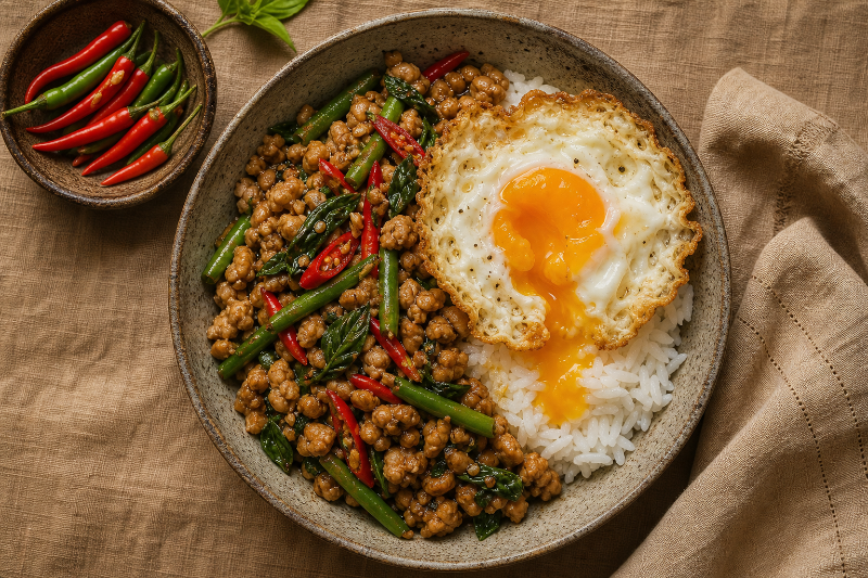 Thai basil chicken with crispy egg, GustoPlan recipe