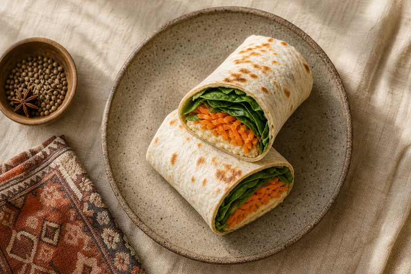 Wrap houmous, carottes et épinards, recette GustoPlan