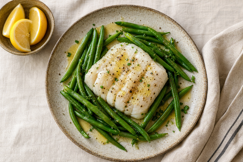 Cabillaud citron et haricots verts, recette GustoPlan
