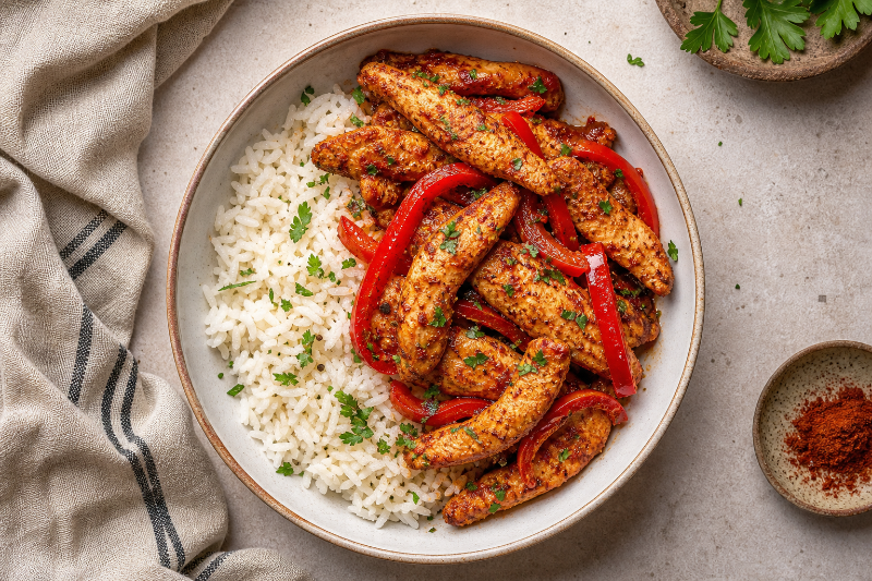 Poulet paprika, poivrons et riz, recette GustoPlan