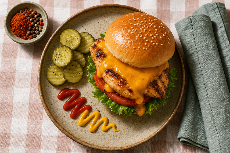 Burger de poulet cheddar, recette GustoPlan