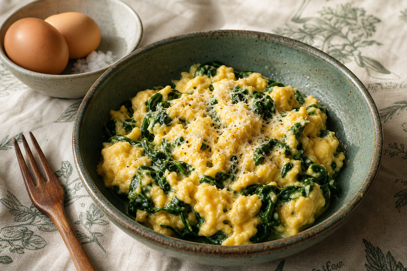 Œufs brouillés aux épinards, recette GustoPlan
