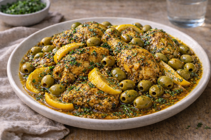 Tajine de poulet aux olives et citrons confits
