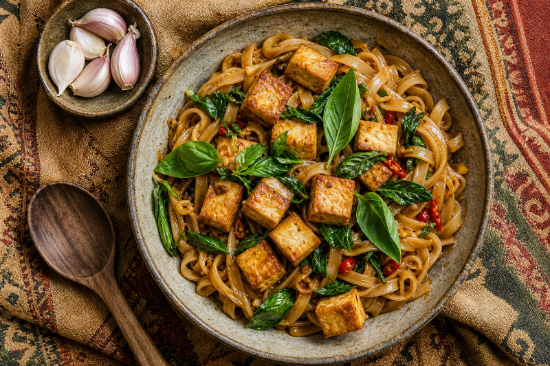 Nouilles de riz au tofu et basilic, recette GustoPlan