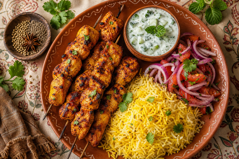 Brochettes de poulet tikka, raita au concombre, recette GustoPlan