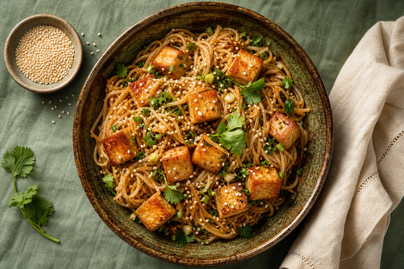 Nouilles de riz au tofu et sésame, recette GustoPlan