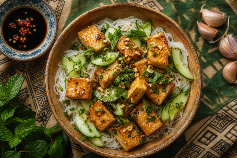 Vermicelles tofu concombre, recette GustoPlan